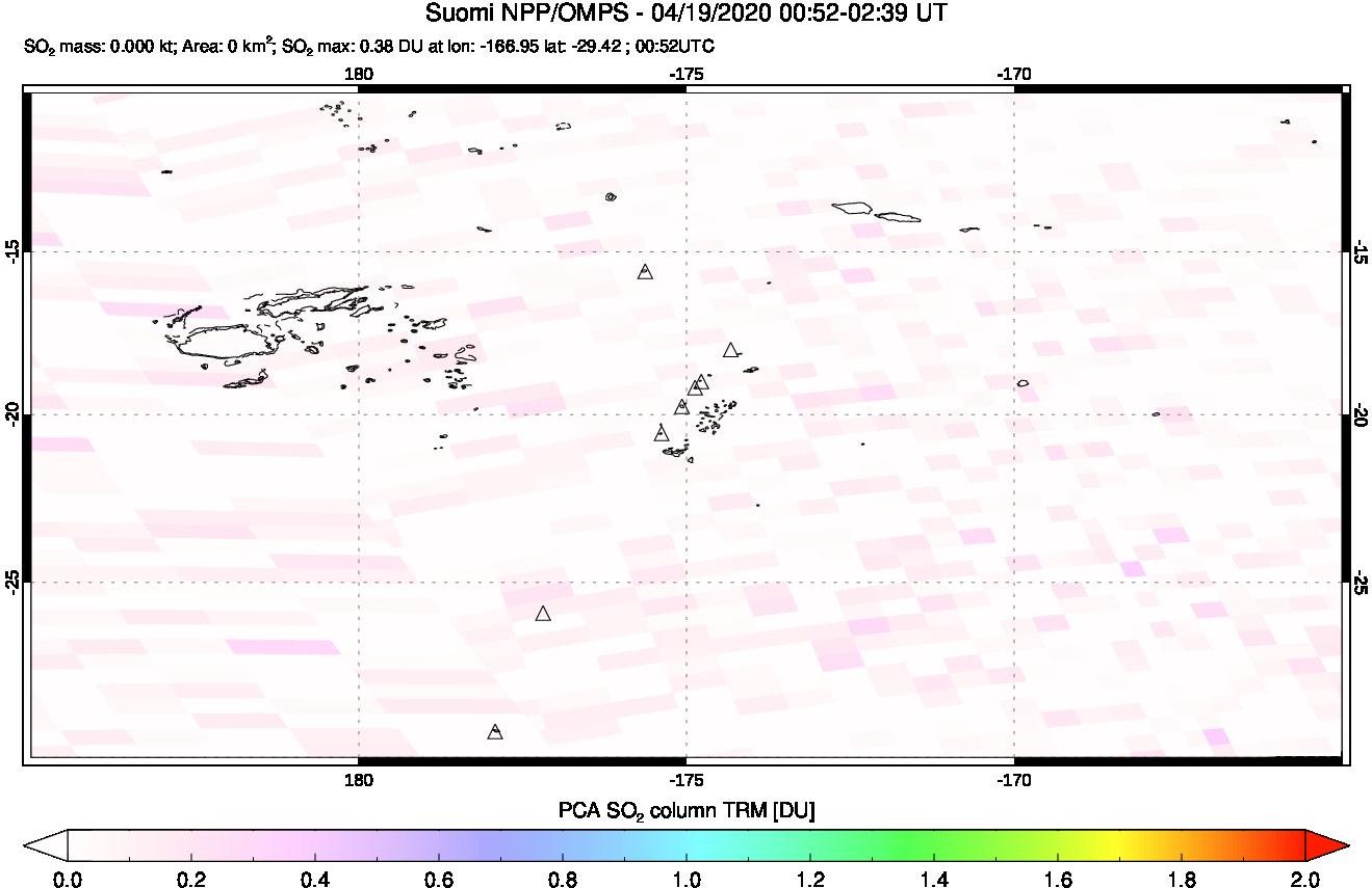 A sulfur dioxide image over Tonga, South Pacific on Apr 19, 2020.