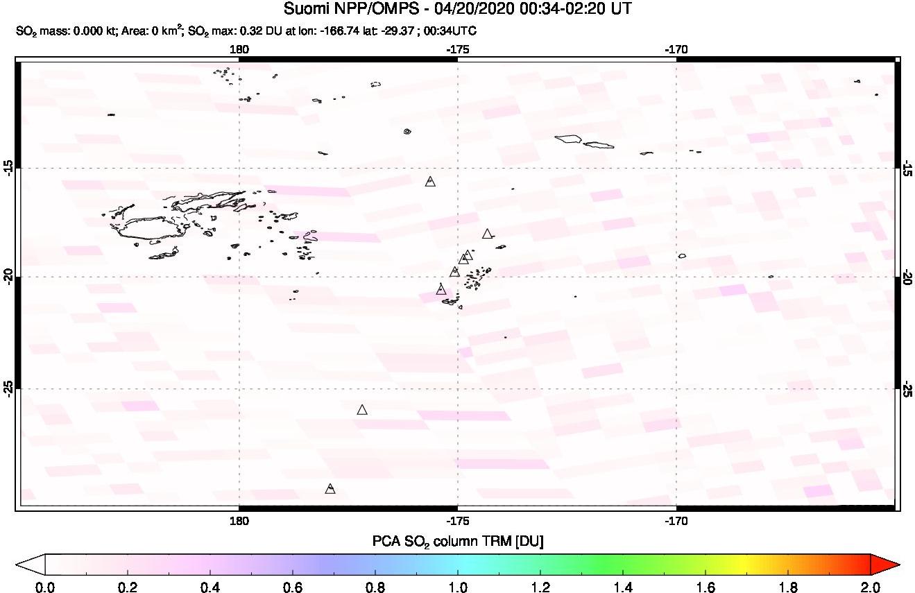 A sulfur dioxide image over Tonga, South Pacific on Apr 20, 2020.