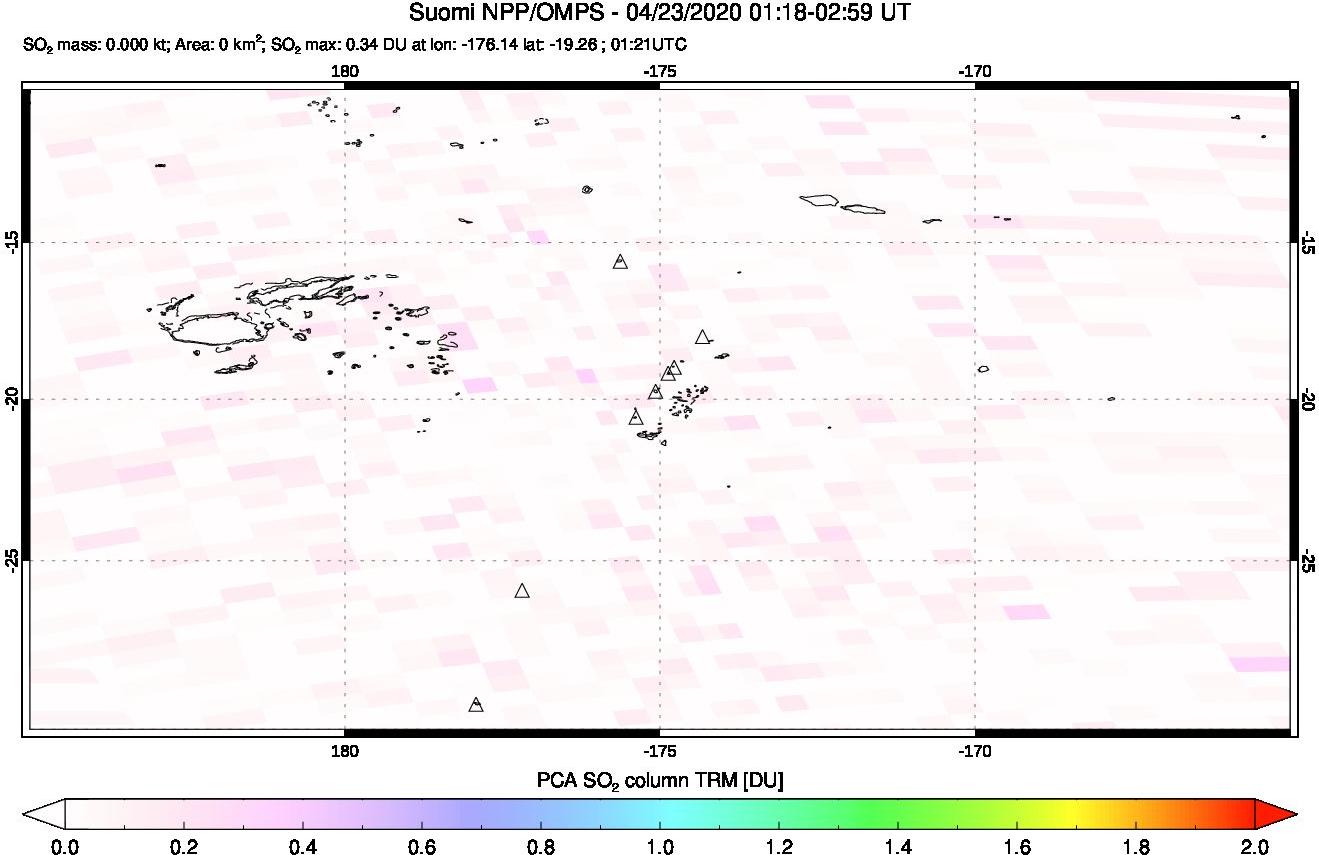 A sulfur dioxide image over Tonga, South Pacific on Apr 23, 2020.