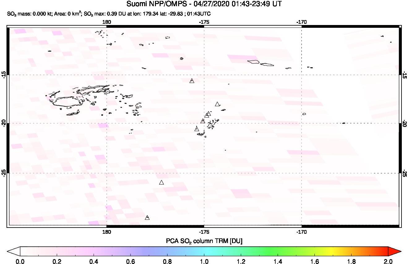 A sulfur dioxide image over Tonga, South Pacific on Apr 27, 2020.