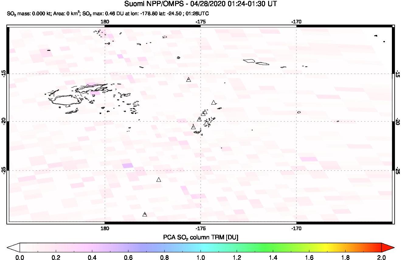 A sulfur dioxide image over Tonga, South Pacific on Apr 28, 2020.