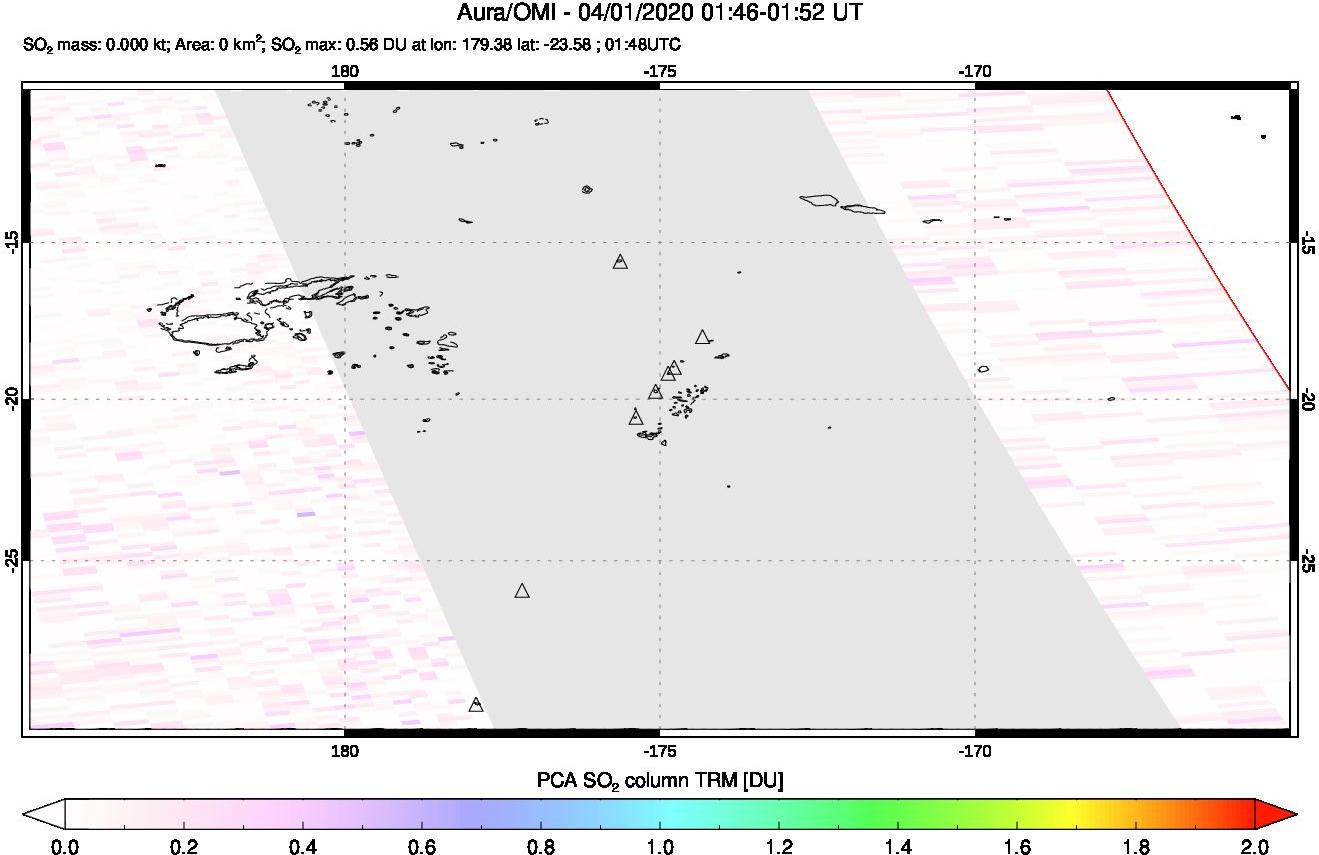 A sulfur dioxide image over Tonga, South Pacific on Apr 01, 2020.