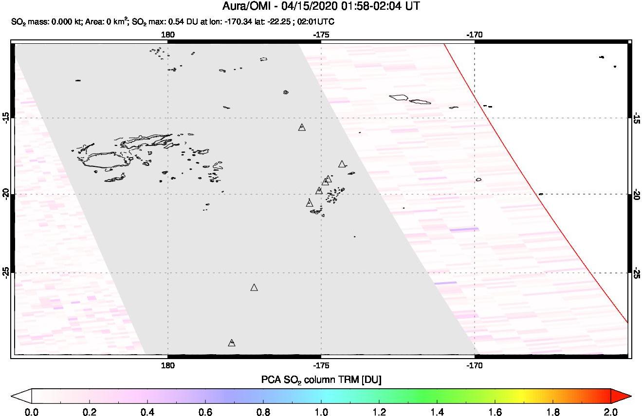 A sulfur dioxide image over Tonga, South Pacific on Apr 15, 2020.