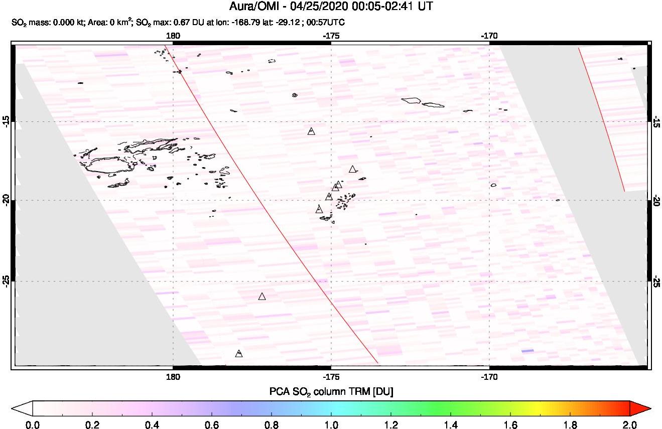A sulfur dioxide image over Tonga, South Pacific on Apr 25, 2020.