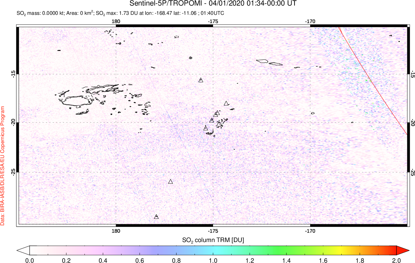 A sulfur dioxide image over Tonga, South Pacific on Apr 01, 2020.