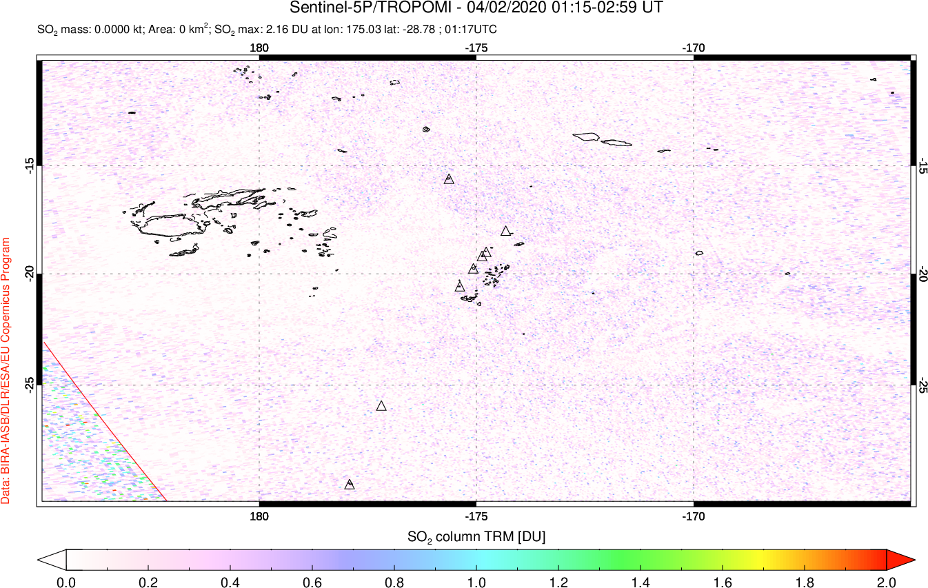 A sulfur dioxide image over Tonga, South Pacific on Apr 02, 2020.