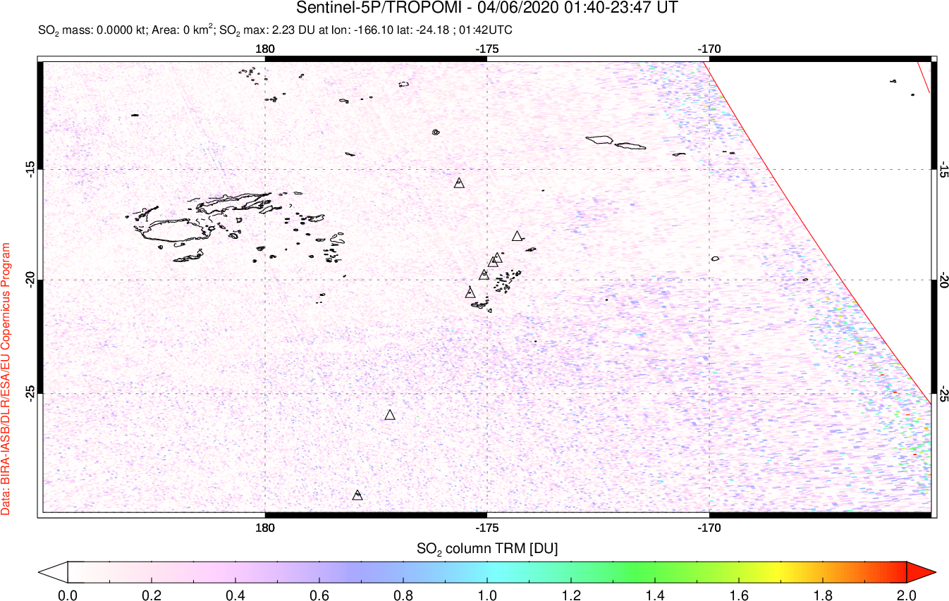 A sulfur dioxide image over Tonga, South Pacific on Apr 06, 2020.