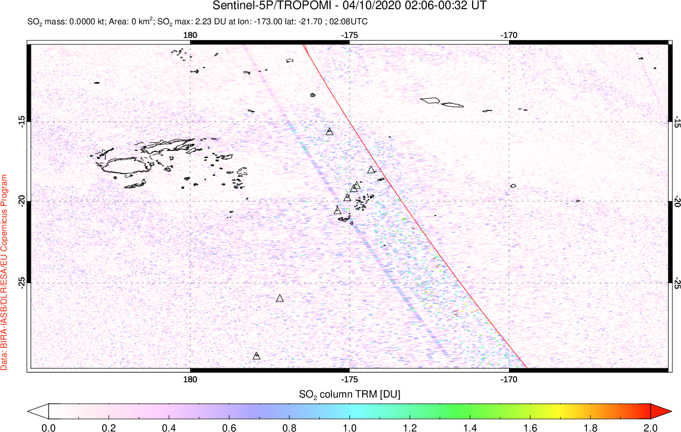 A sulfur dioxide image over Tonga, South Pacific on Apr 10, 2020.