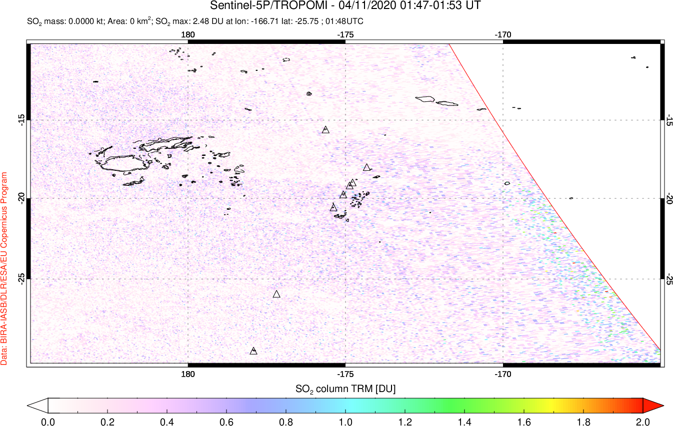 A sulfur dioxide image over Tonga, South Pacific on Apr 11, 2020.