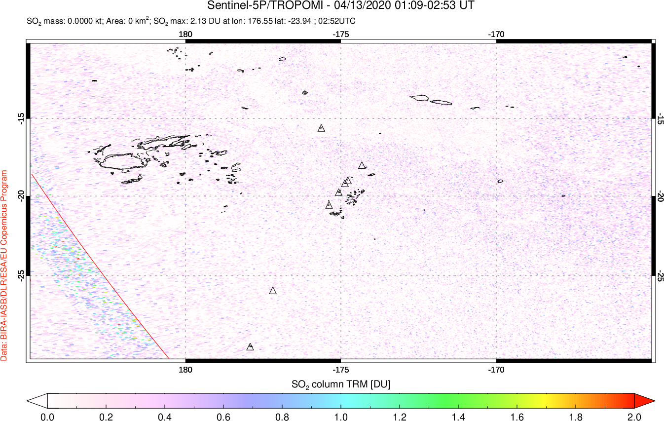 A sulfur dioxide image over Tonga, South Pacific on Apr 13, 2020.