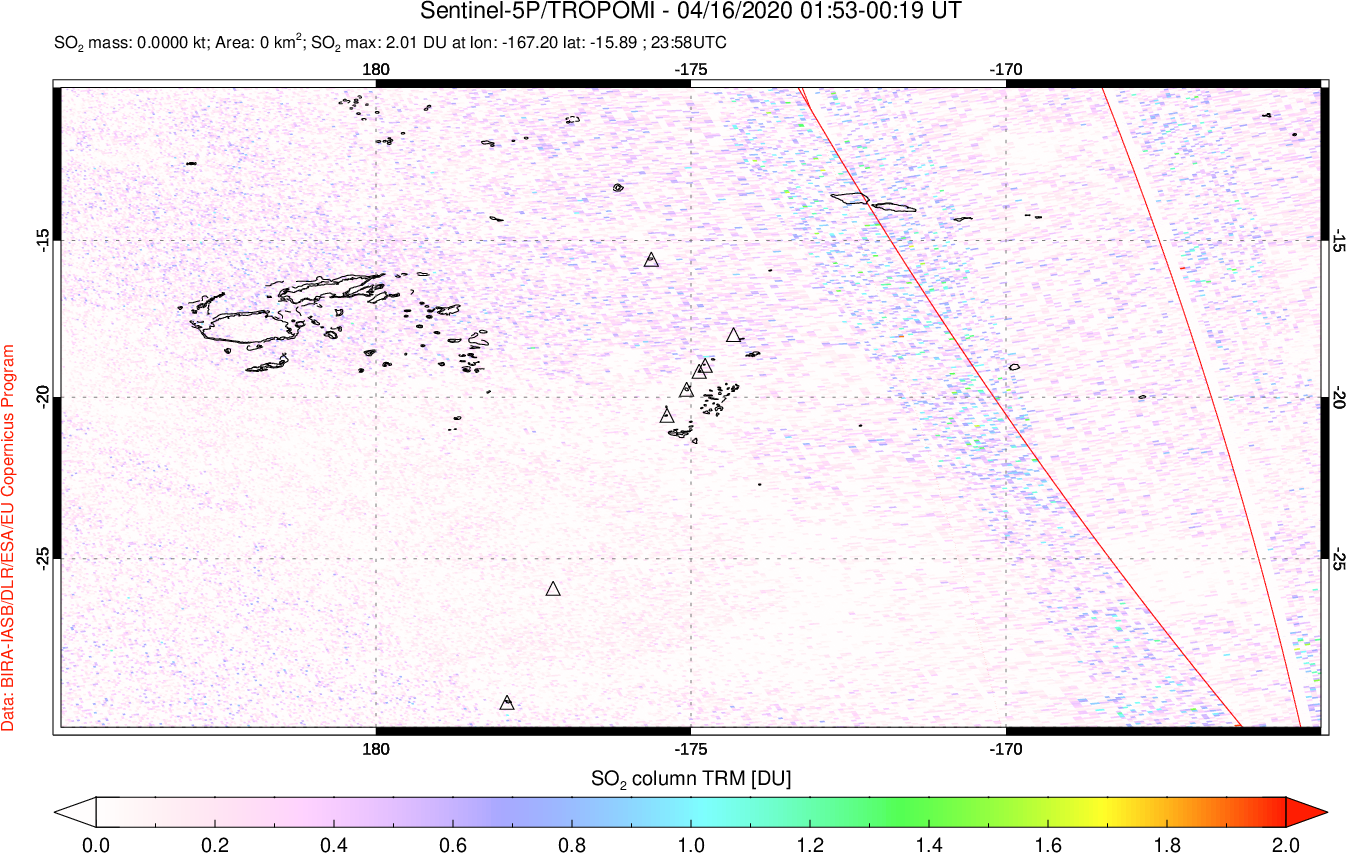 A sulfur dioxide image over Tonga, South Pacific on Apr 16, 2020.