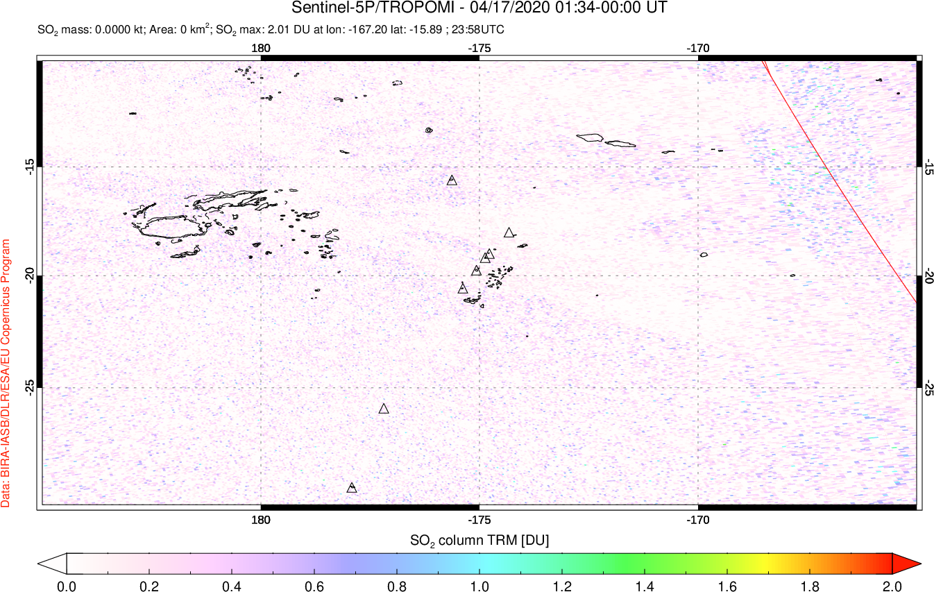 A sulfur dioxide image over Tonga, South Pacific on Apr 17, 2020.