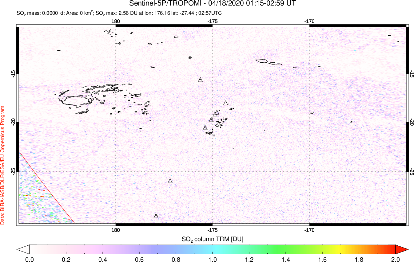 A sulfur dioxide image over Tonga, South Pacific on Apr 18, 2020.
