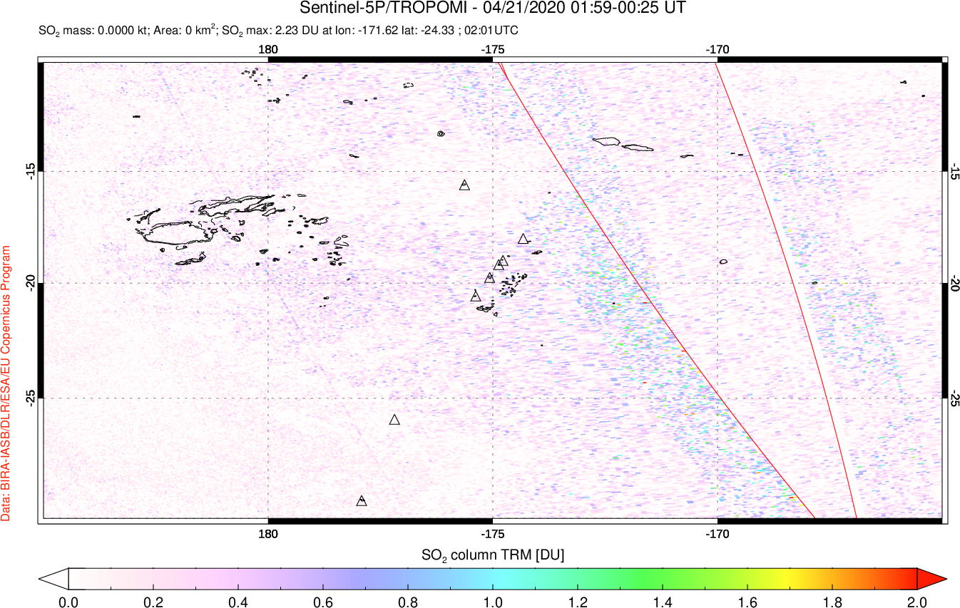 A sulfur dioxide image over Tonga, South Pacific on Apr 21, 2020.