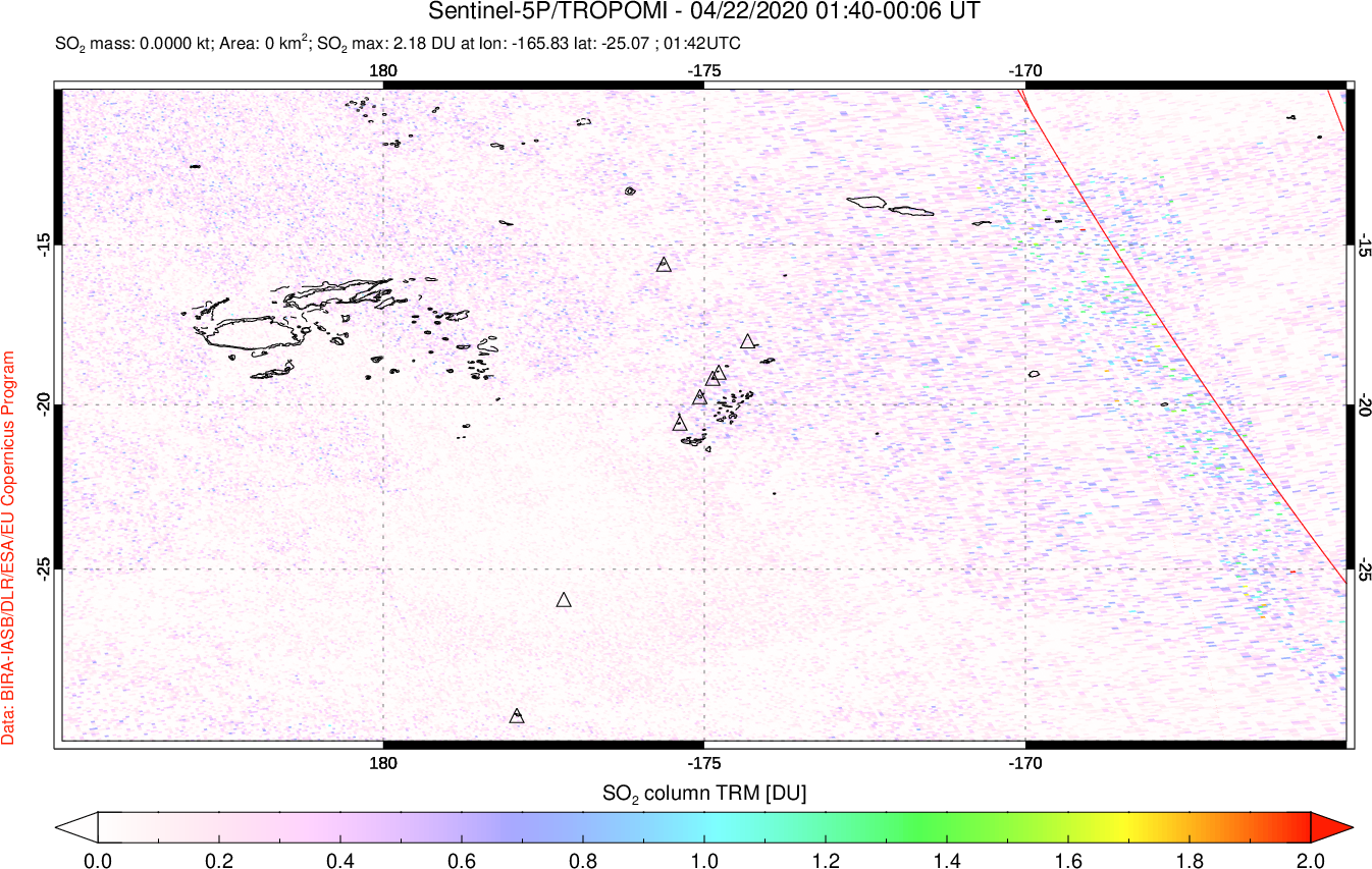 A sulfur dioxide image over Tonga, South Pacific on Apr 22, 2020.