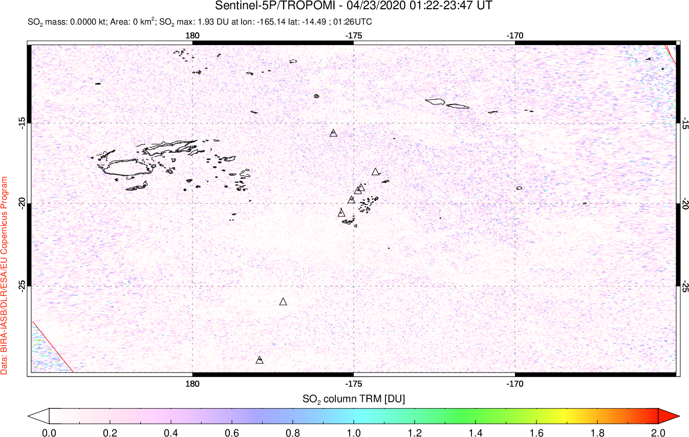 A sulfur dioxide image over Tonga, South Pacific on Apr 23, 2020.