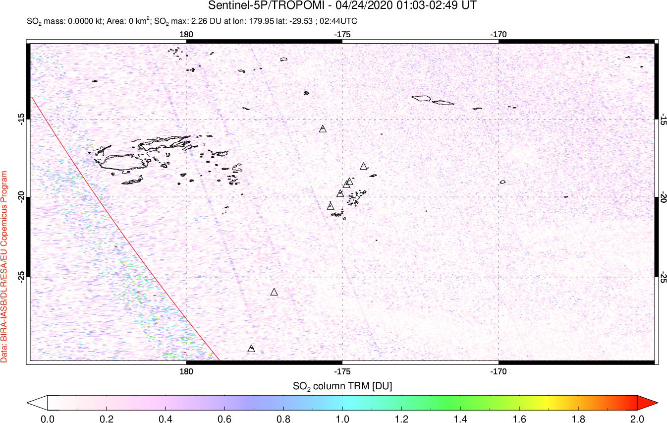A sulfur dioxide image over Tonga, South Pacific on Apr 24, 2020.