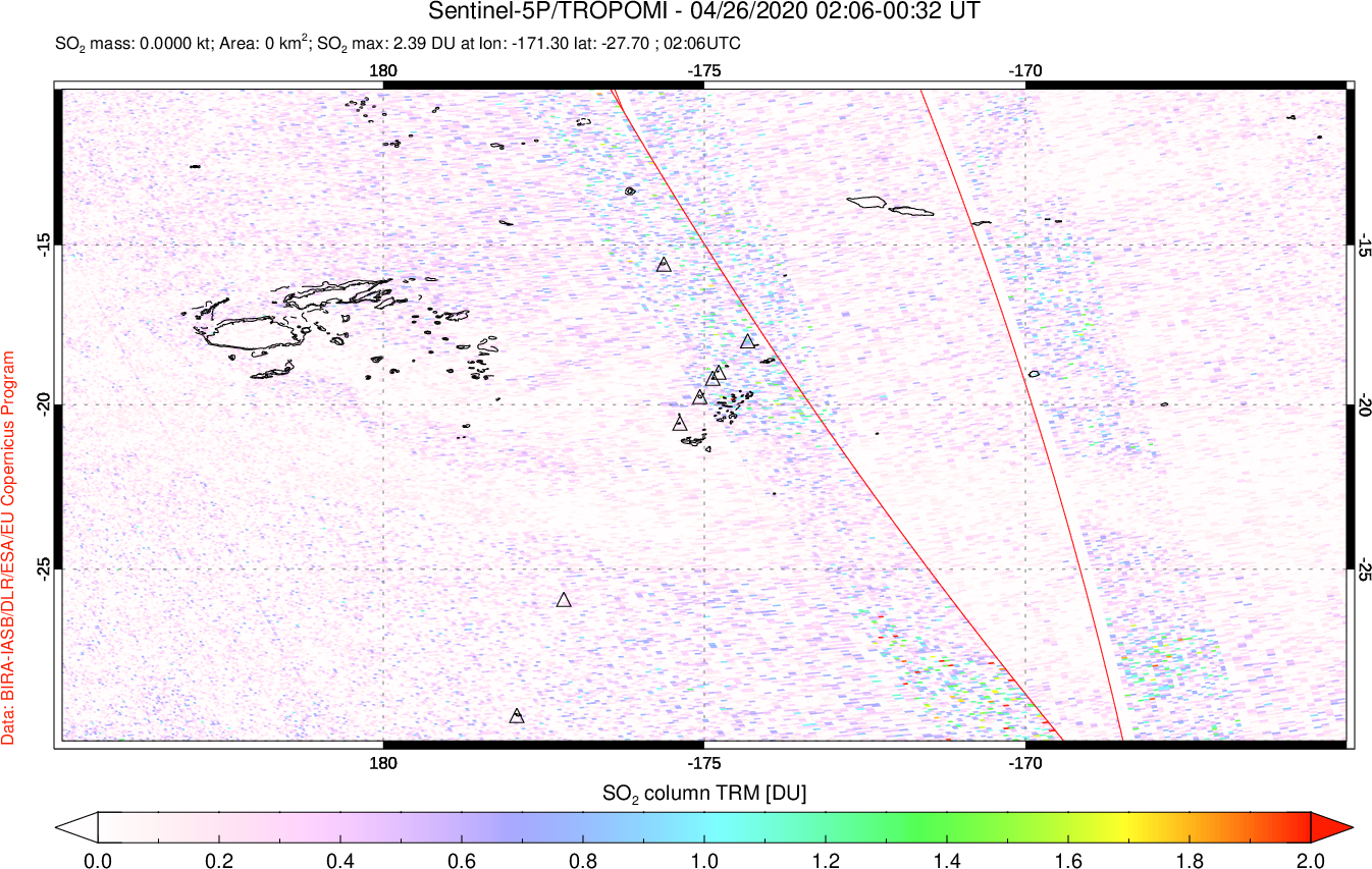 A sulfur dioxide image over Tonga, South Pacific on Apr 26, 2020.