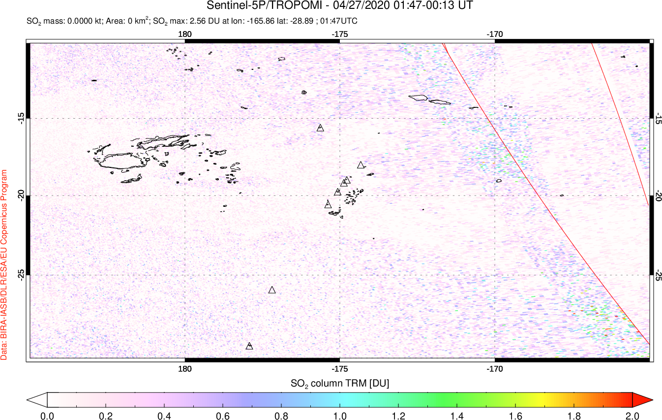 A sulfur dioxide image over Tonga, South Pacific on Apr 27, 2020.