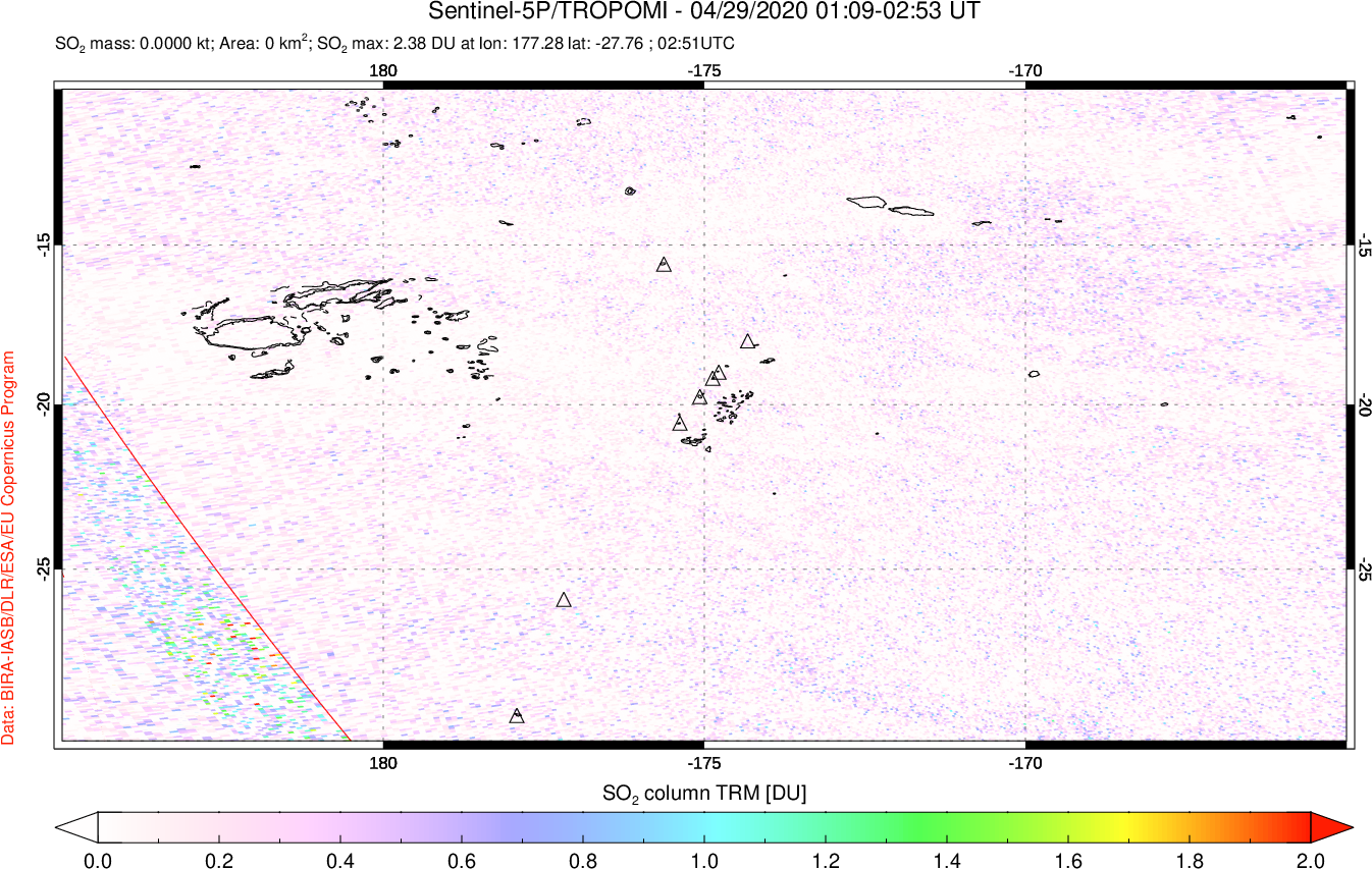 A sulfur dioxide image over Tonga, South Pacific on Apr 29, 2020.