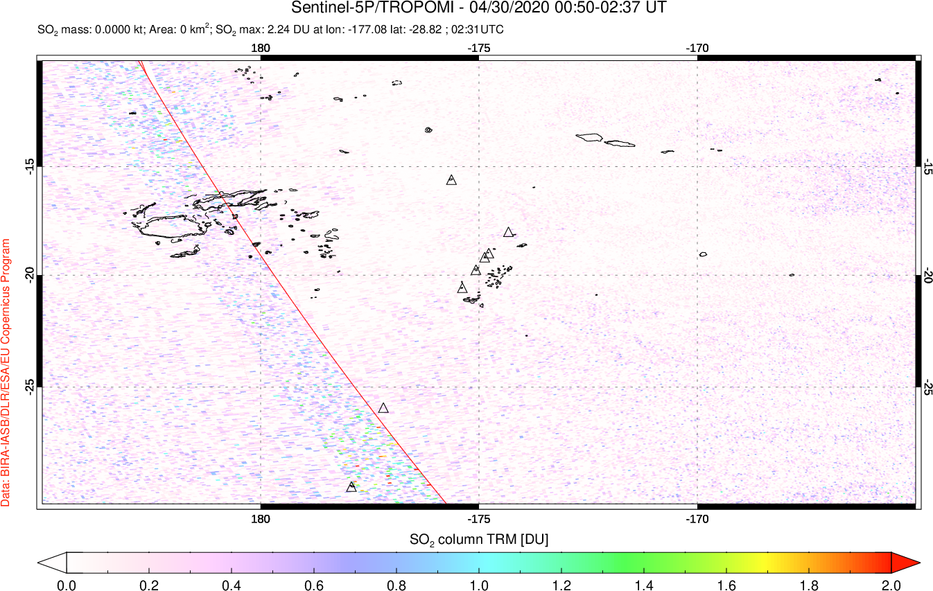 A sulfur dioxide image over Tonga, South Pacific on Apr 30, 2020.