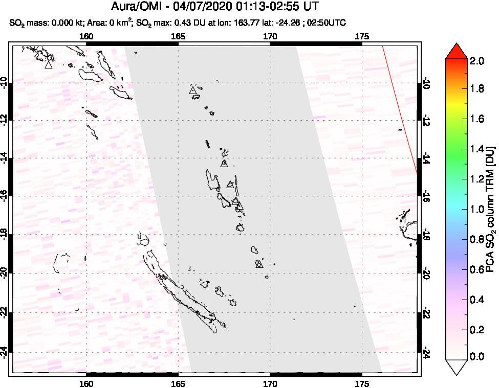 A sulfur dioxide image over Vanuatu, South Pacific on Apr 07, 2020.