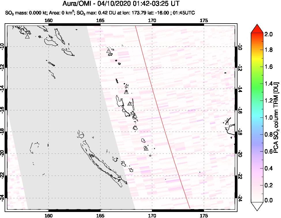 A sulfur dioxide image over Vanuatu, South Pacific on Apr 10, 2020.