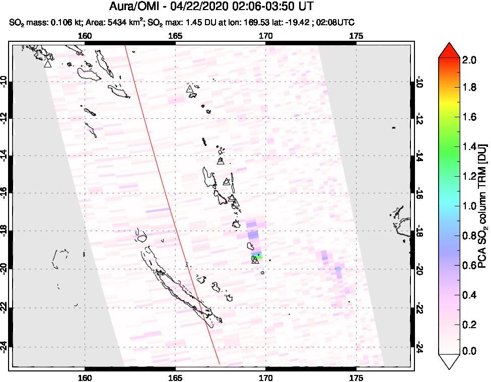 A sulfur dioxide image over Vanuatu, South Pacific on Apr 22, 2020.