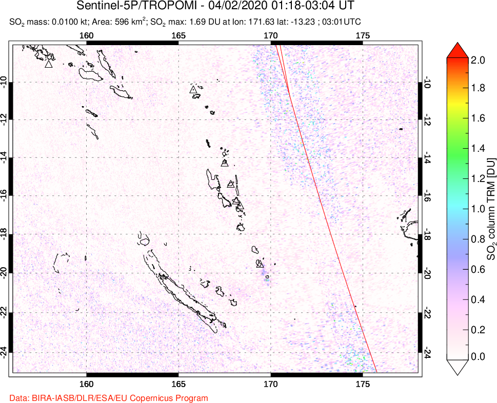 A sulfur dioxide image over Vanuatu, South Pacific on Apr 02, 2020.
