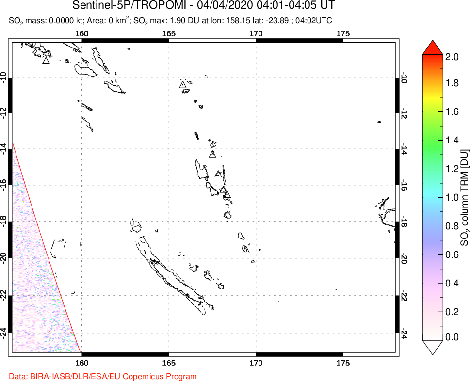 A sulfur dioxide image over Vanuatu, South Pacific on Apr 04, 2020.
