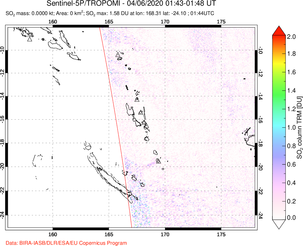 A sulfur dioxide image over Vanuatu, South Pacific on Apr 06, 2020.