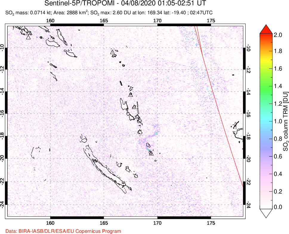 A sulfur dioxide image over Vanuatu, South Pacific on Apr 08, 2020.