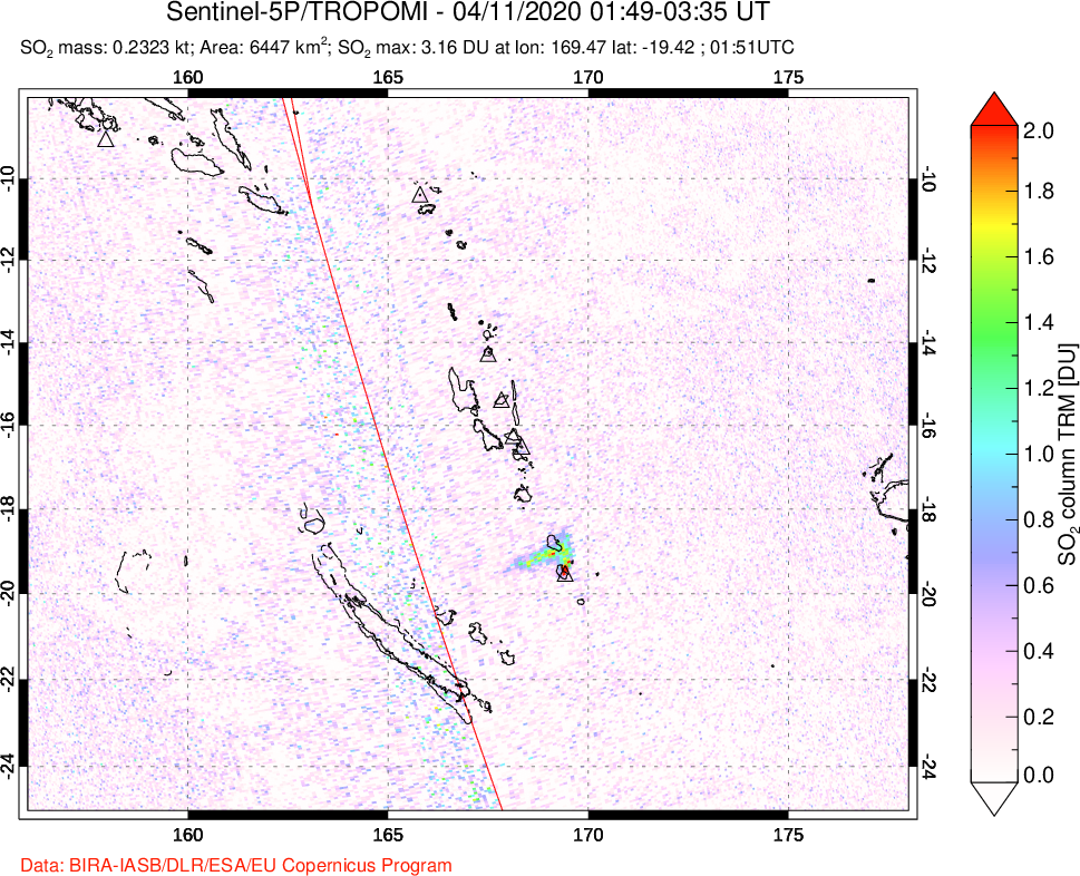 A sulfur dioxide image over Vanuatu, South Pacific on Apr 11, 2020.