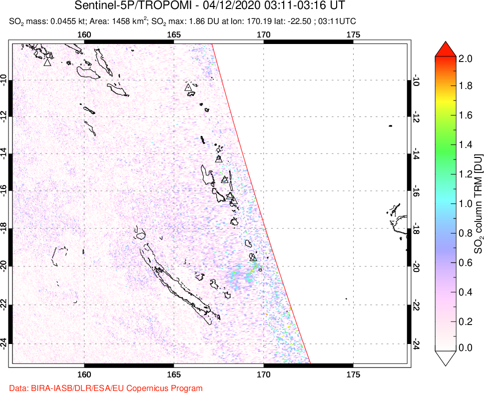 A sulfur dioxide image over Vanuatu, South Pacific on Apr 12, 2020.