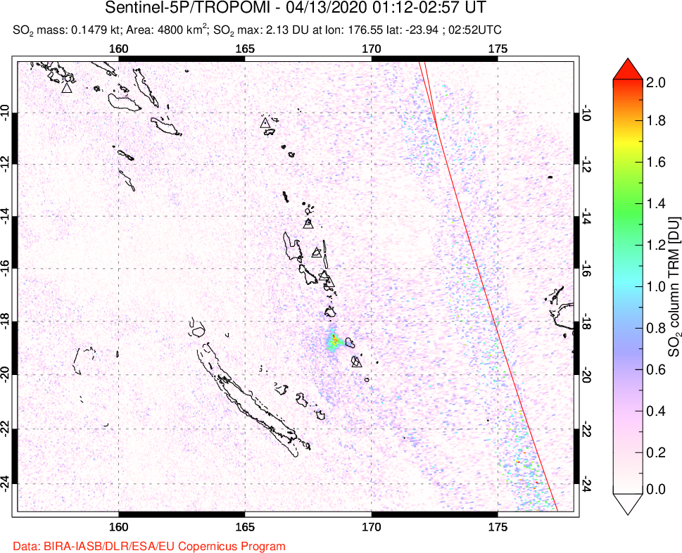 A sulfur dioxide image over Vanuatu, South Pacific on Apr 13, 2020.