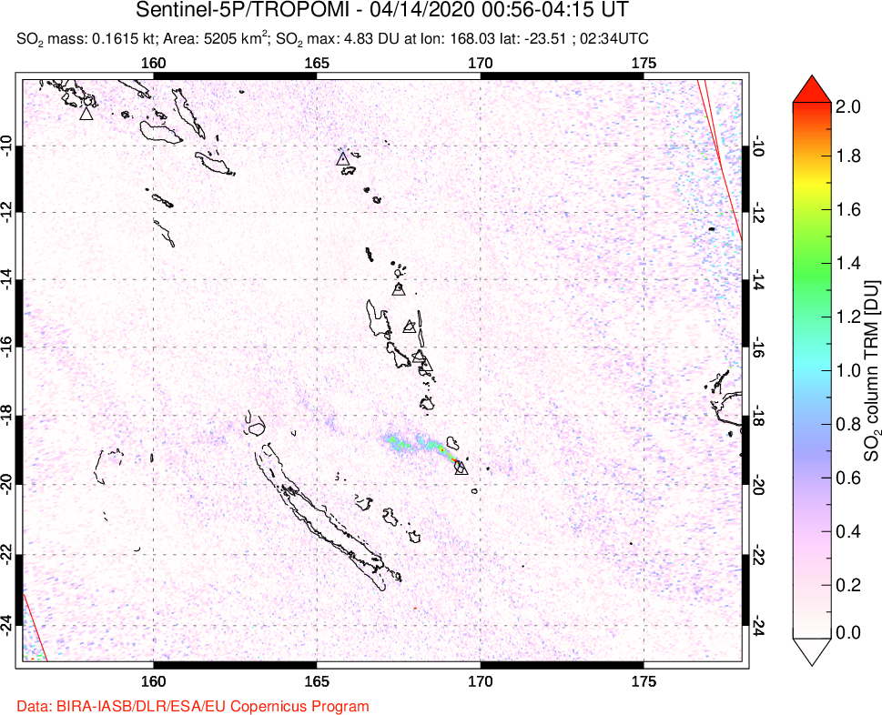 A sulfur dioxide image over Vanuatu, South Pacific on Apr 14, 2020.