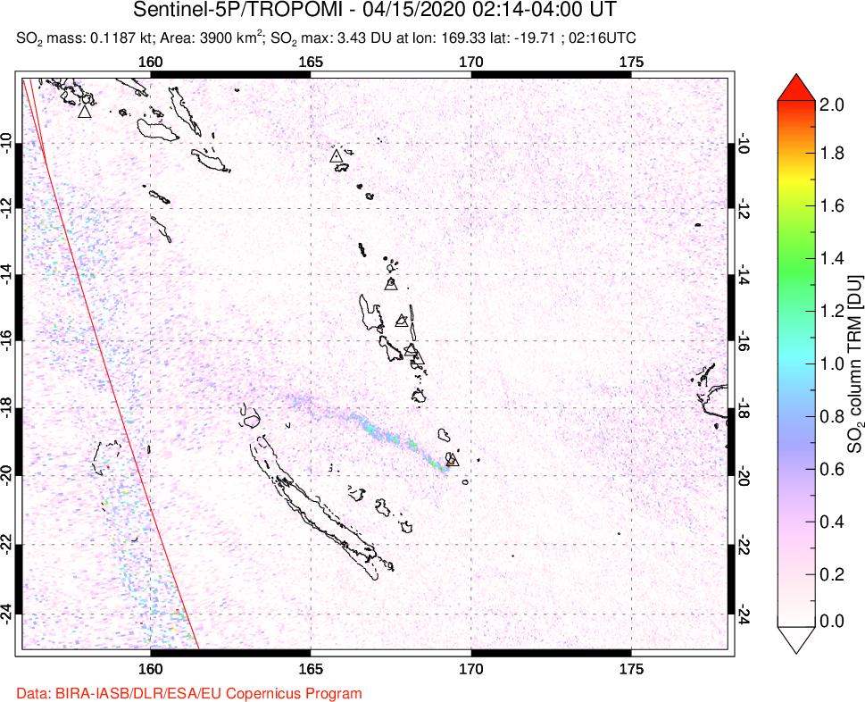 A sulfur dioxide image over Vanuatu, South Pacific on Apr 15, 2020.