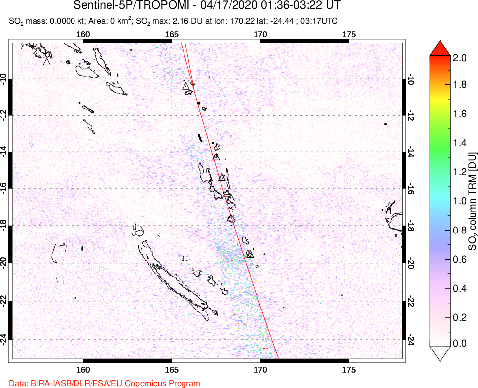A sulfur dioxide image over Vanuatu, South Pacific on Apr 17, 2020.