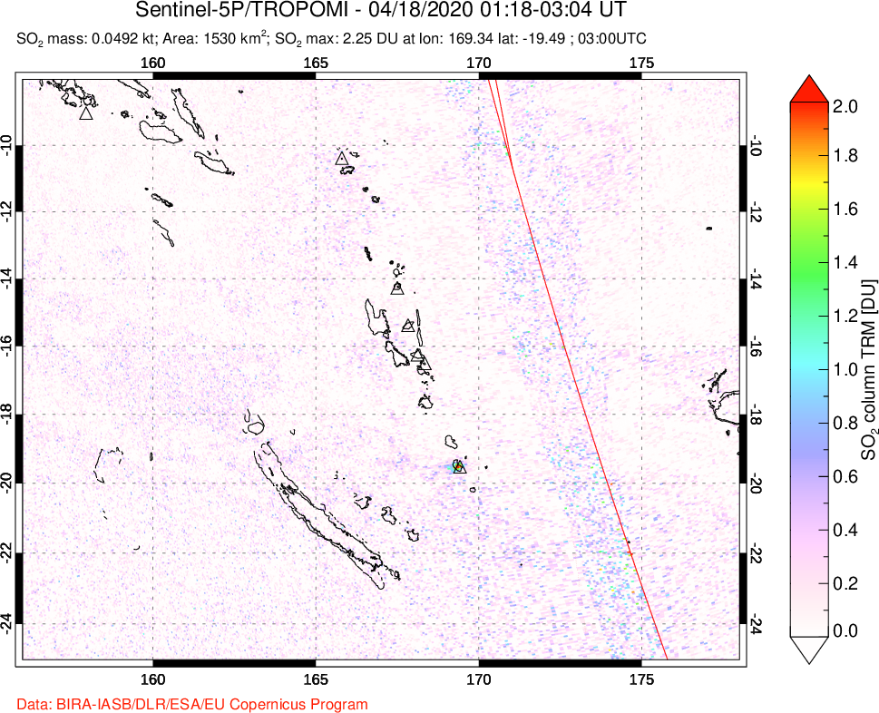 A sulfur dioxide image over Vanuatu, South Pacific on Apr 18, 2020.