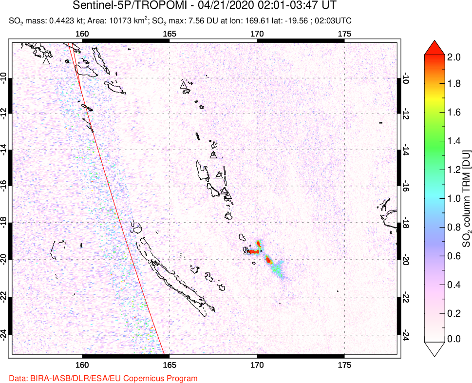 A sulfur dioxide image over Vanuatu, South Pacific on Apr 21, 2020.