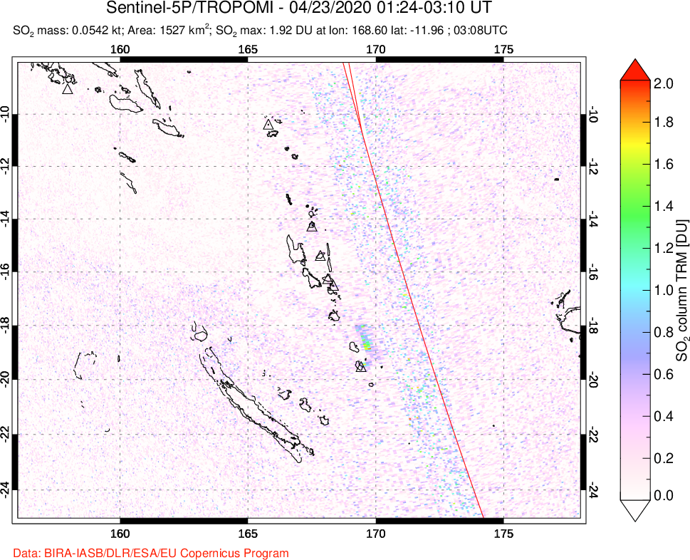 A sulfur dioxide image over Vanuatu, South Pacific on Apr 23, 2020.