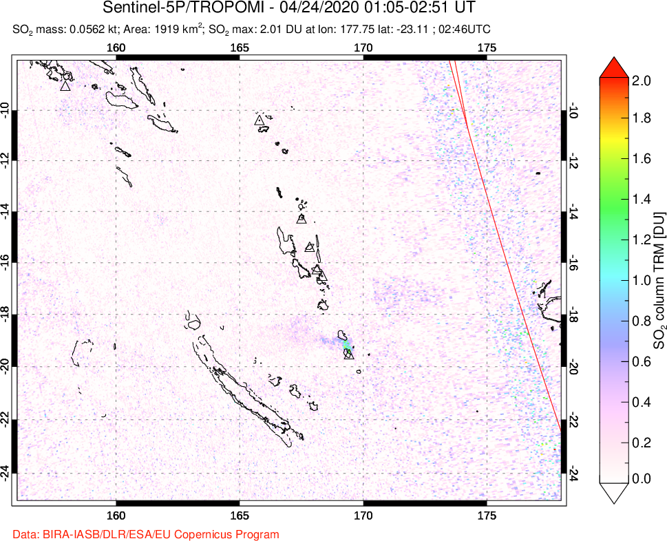 A sulfur dioxide image over Vanuatu, South Pacific on Apr 24, 2020.