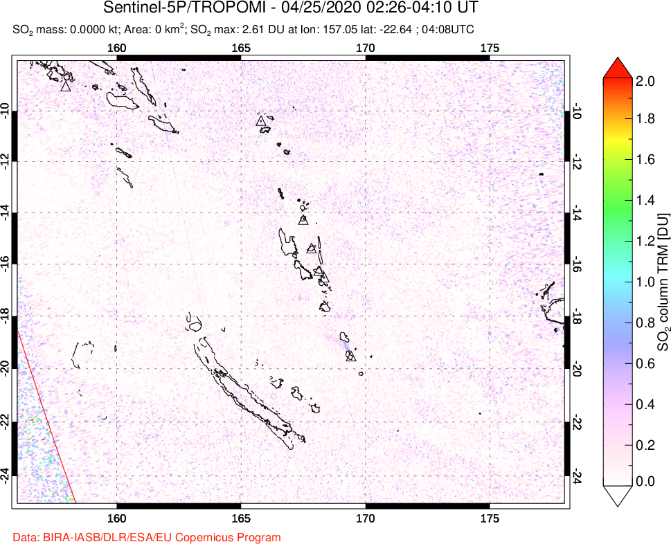 A sulfur dioxide image over Vanuatu, South Pacific on Apr 25, 2020.