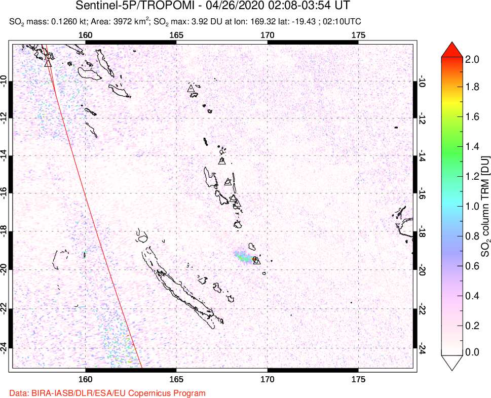 A sulfur dioxide image over Vanuatu, South Pacific on Apr 26, 2020.