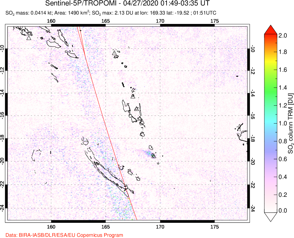A sulfur dioxide image over Vanuatu, South Pacific on Apr 27, 2020.