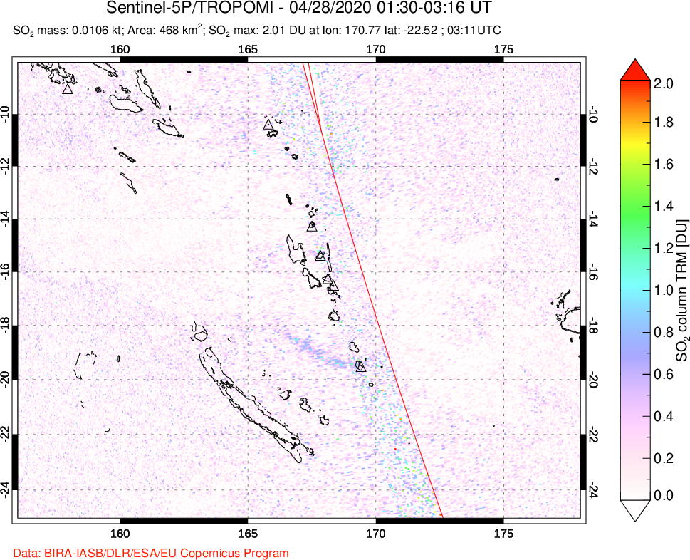 A sulfur dioxide image over Vanuatu, South Pacific on Apr 28, 2020.