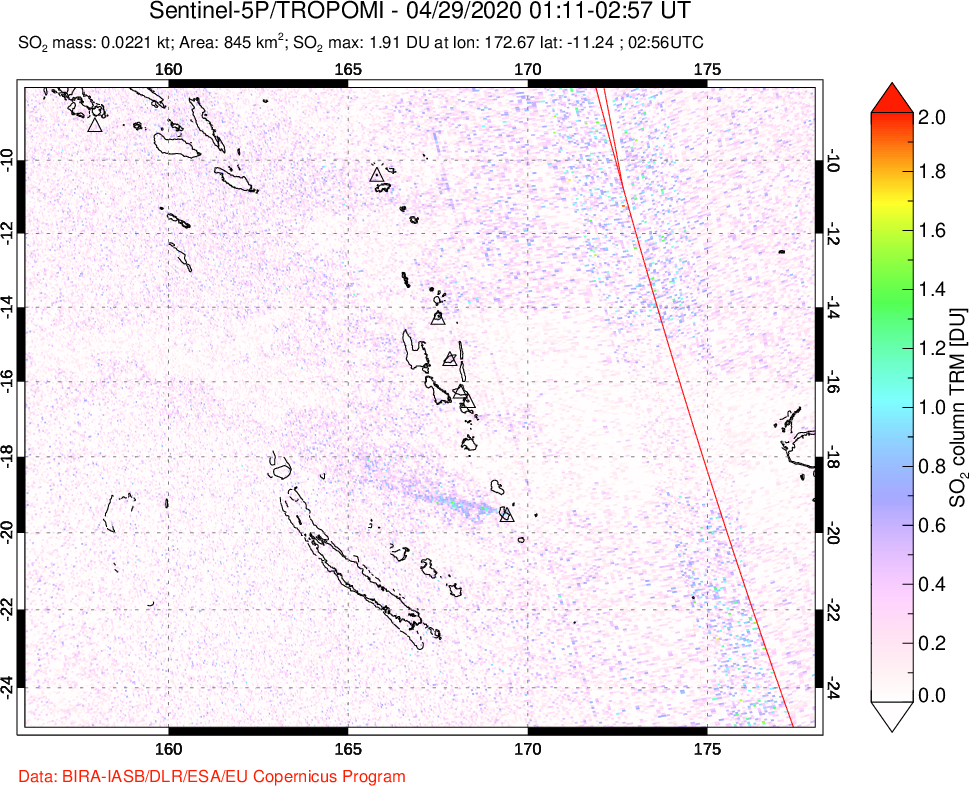 A sulfur dioxide image over Vanuatu, South Pacific on Apr 29, 2020.