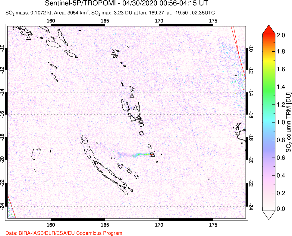 A sulfur dioxide image over Vanuatu, South Pacific on Apr 30, 2020.