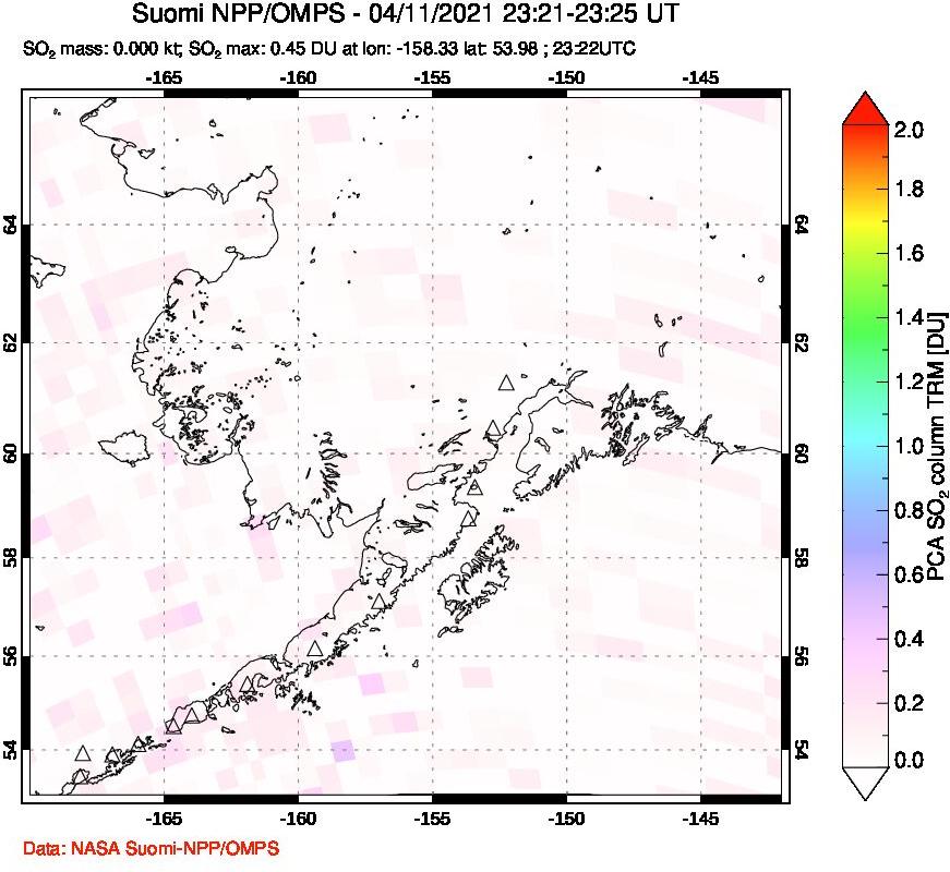 A sulfur dioxide image over Alaska, USA on Apr 11, 2021.