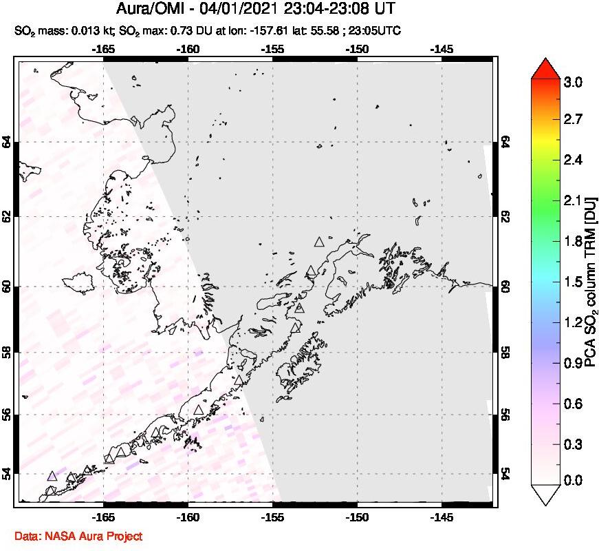 A sulfur dioxide image over Alaska, USA on Apr 01, 2021.
